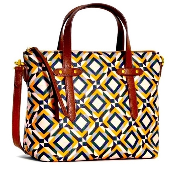 Fossil Bag Felicity Satchel Geometric Casual Boho Chic Artsy Travel Yellow - Picture 1 of 16